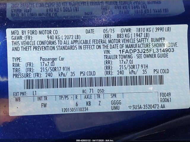1FADP3J25FL314903 Ford Focus Titanium