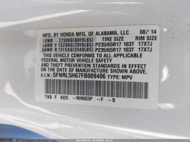 5FNRL5H67FB009406 Honda Odyssey Ex-l
