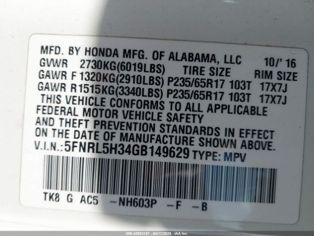 5FNRL5H34GB149629 Honda ODYSSEY SE
