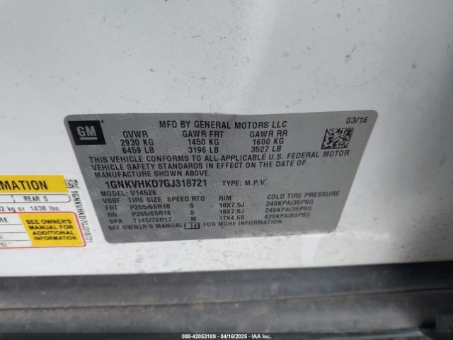 1GNKVHKD7GJ318721 Chevrolet Traverse 2lt