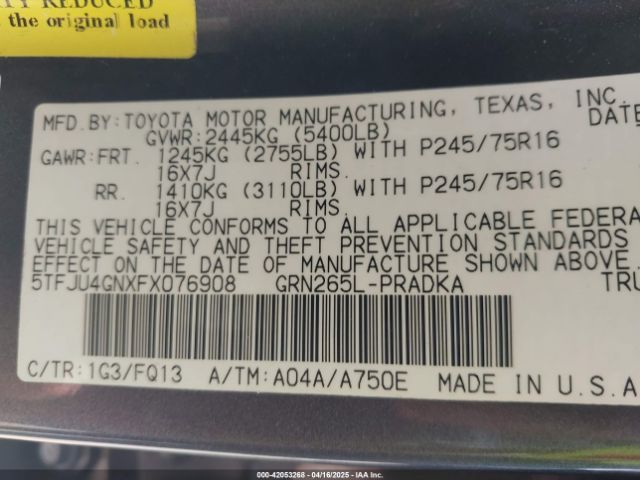 5TFJU4GNXFX076908 Toyota Tacoma Prerunner V6