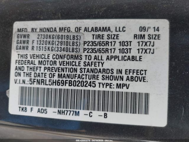 5FNRL5H69FB020245 Honda Odyssey Ex-l