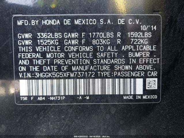 3HGGK5G5XFM737172 Honda FIT LX