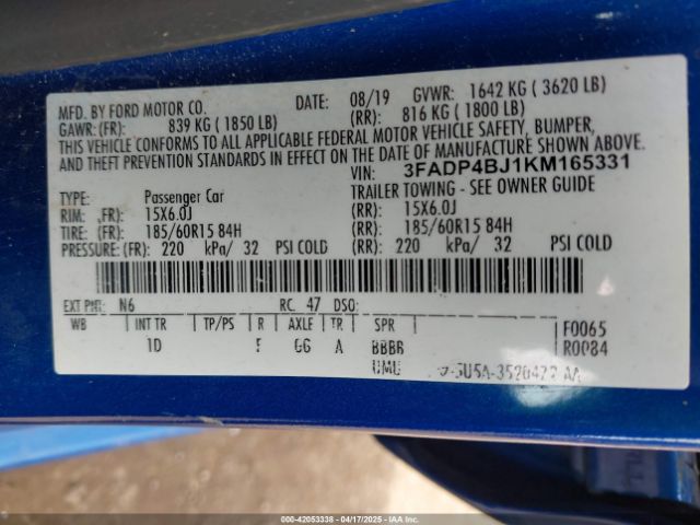 3FADP4BJ1KM165331 Ford FIESTA SE