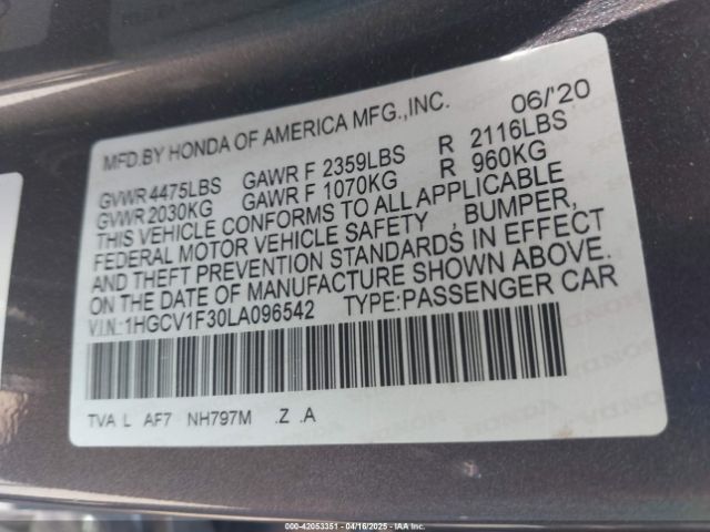 1HGCV1F30LA096542 Honda Accord Sport