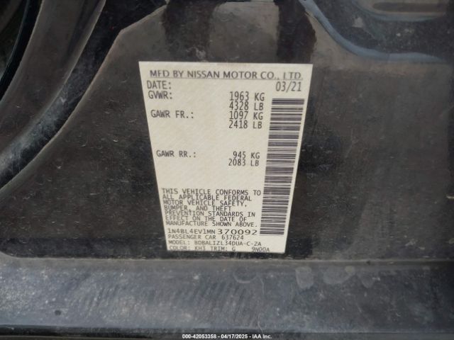 1N4BL4EV1MN370092 Nissan Altima Sl Fwd