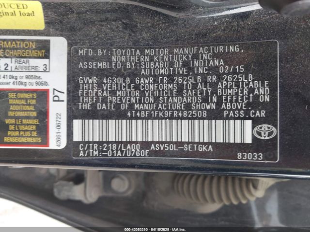 4T4BF1FK9FR482508 Toyota CAMRY XLE