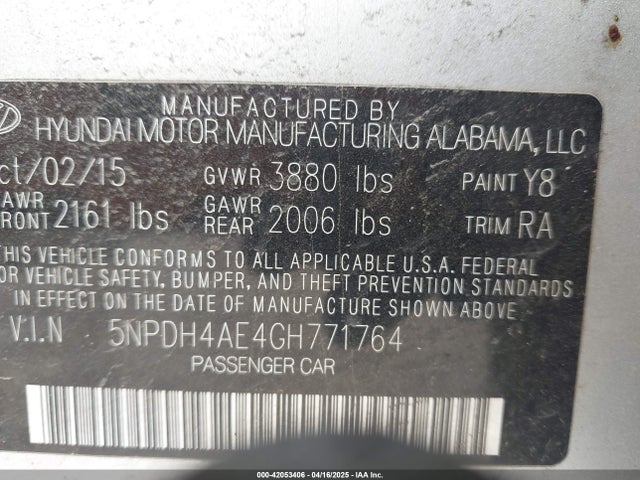 5NPDH4AE4GH771764 Hyundai ELANTRA SE