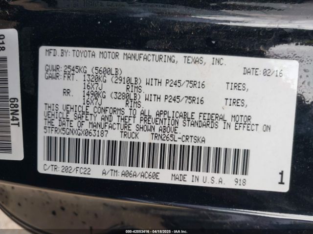 5TFRX5GNXGX063187 Toyota Tacoma Sr5