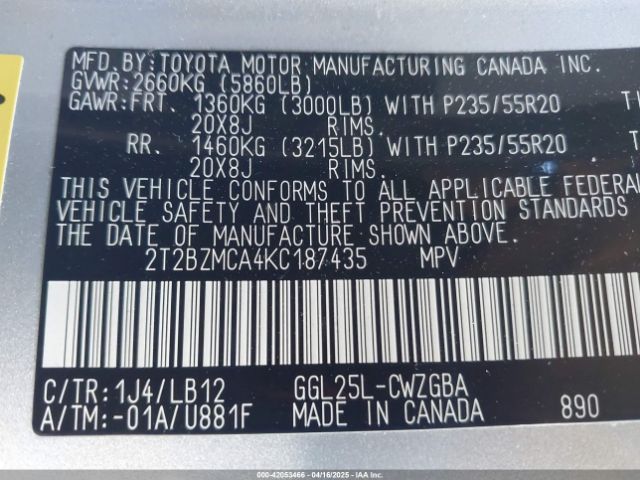2T2BZMCA4KC187435 Lexus RX 350