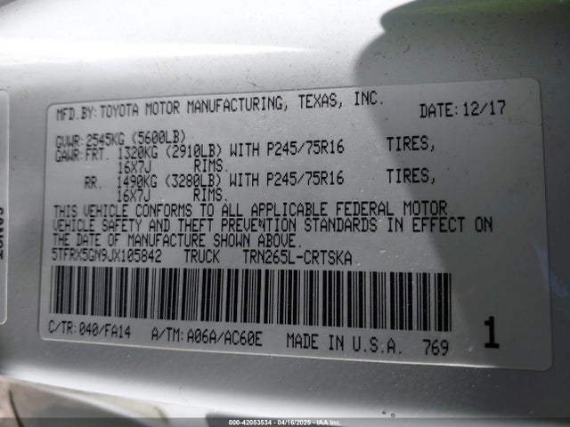 5TFRX5GN9JX105842 Toyota 2tr-fe