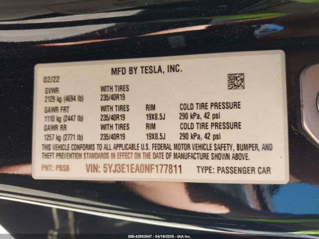 2022 TESLA MODEL 3 5YJ3E1EA0NF177811 Photo 8