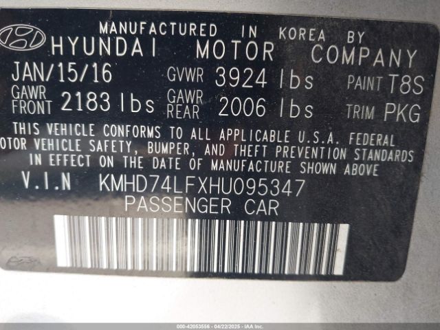 KMHD74LFXHU095347 Hyundai ELANTRA SE