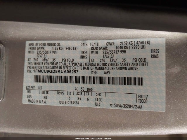 1FMCU9GD8KUA05257 Ford ESCAPE SE