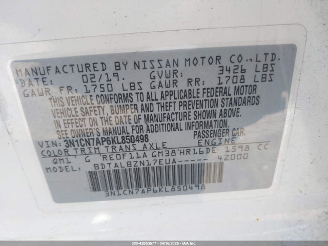 3N1CN7AP6KL850498 Nissan Versa 1.6 Sv