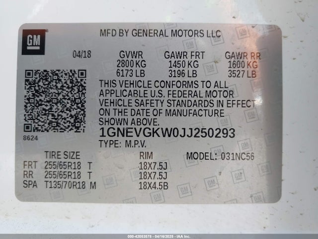 1GNEVGKW0JJ250293 Chevrolet Traverse 1lt