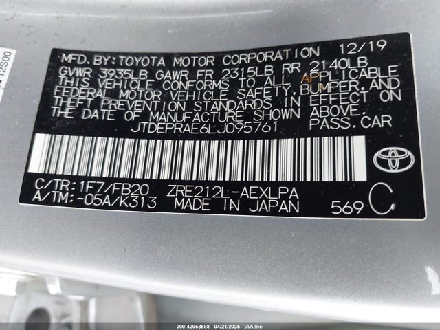 JTDEPRAE6LJ095761 Toyota COROLLA LE