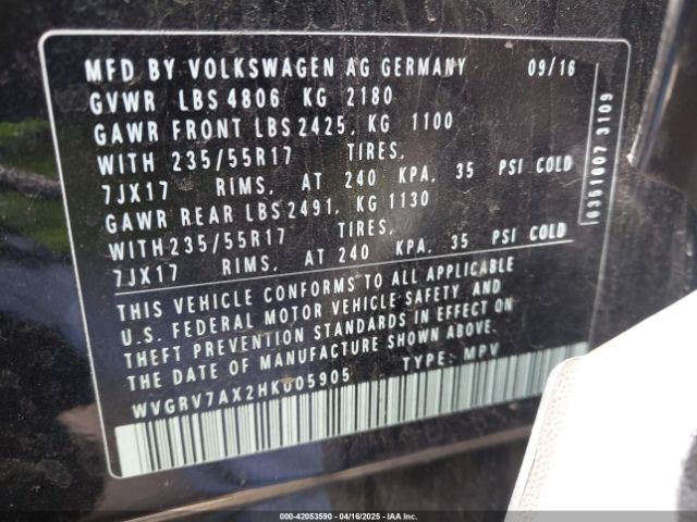 WVGRV7AX2HK005905 Volkswagen 2.0 tsi
