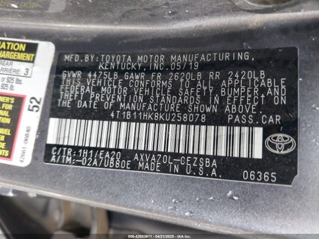 4T1B11HK8KU258078 Toyota CAMRY SE