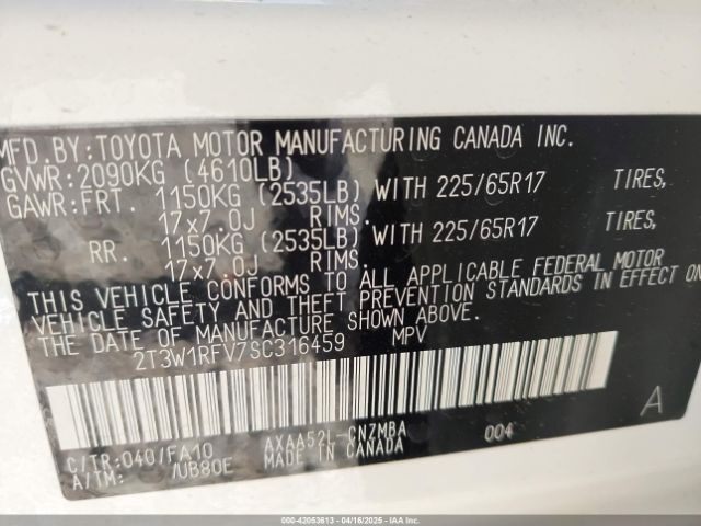 2T3W1RFV7SC316459 Toyota Rav4 Xle