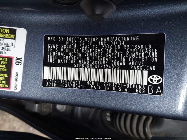 5YFBURHE0EP124039 Toyota COROLLA L