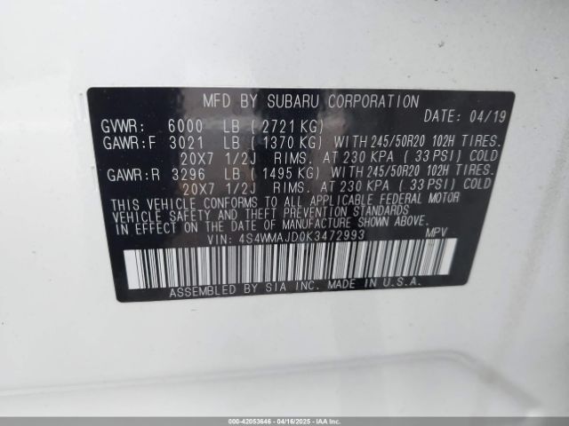 4S4WMAJD0K3472993 Subaru Ascent Limited