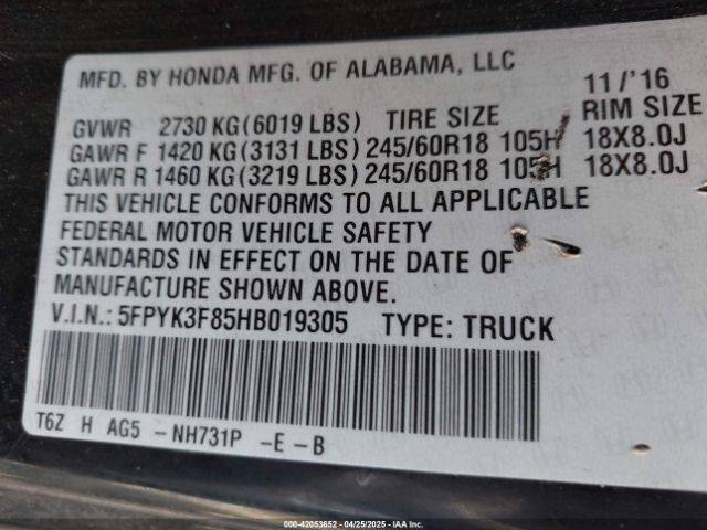 5FPYK3F85HB019305 Honda Ridgeline Black Edition