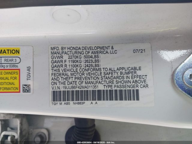 19UUB6F42MA011351 Acura Tlx Technology Package