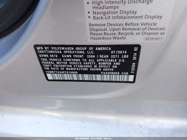 1VWBT7A34FC010889 Volkswagen Passat 1.8t Se