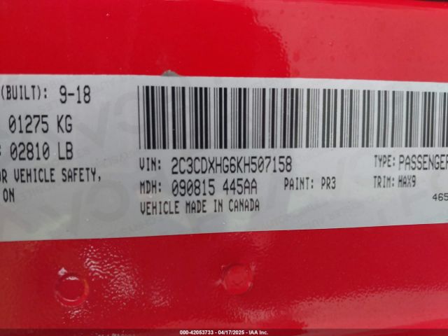 2C3CDXHG6KH507158 Dodge Charger Gt Rwd