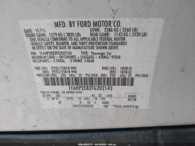 1FAHP2E82FG202143 Ford TAURUS SEL