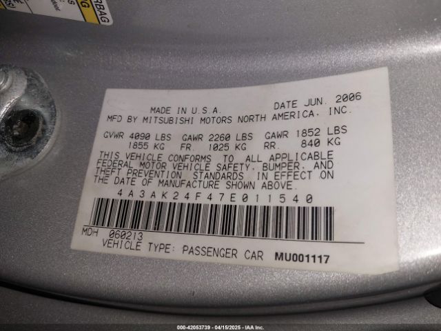 2007 MITSUBISHI ECLIPSE 4A3AK24F47E011540 Photo 8