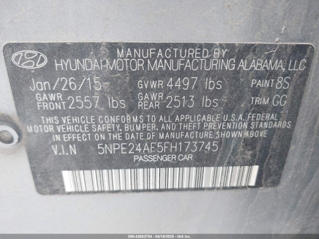 5NPE24AF5FH173745 Hyundai SONATA SE