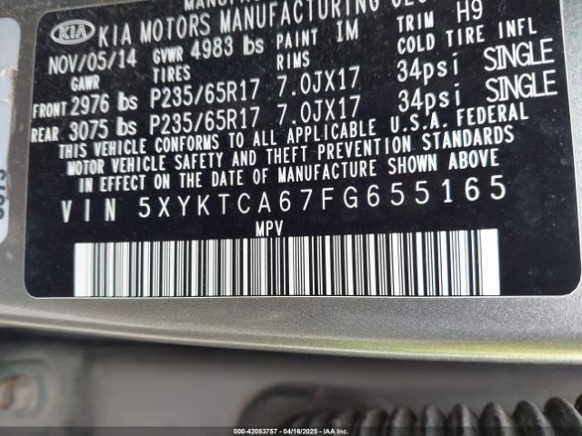 5XYKTCA67FG655165 KIA SORENTO LX