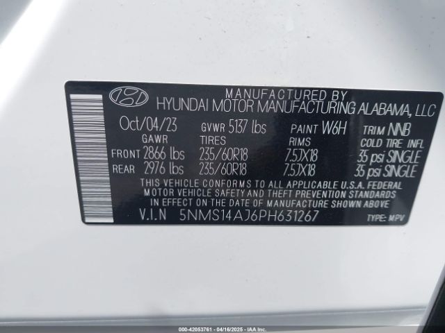 5NMS14AJ6PH631267 Hyundai Santa Fe Se