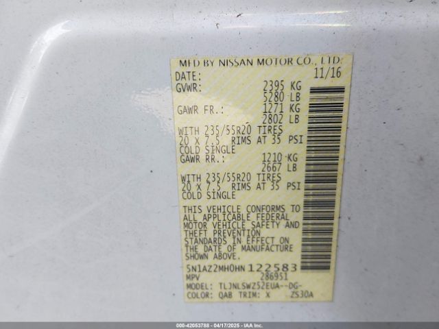 5N1AZ2MH0HN122583 Nissan Murano Platinum