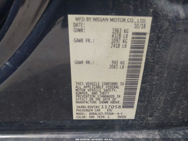 Nissan Altima 2.5 Sv 2019 1N4BL4DV5KC117058 Image 9