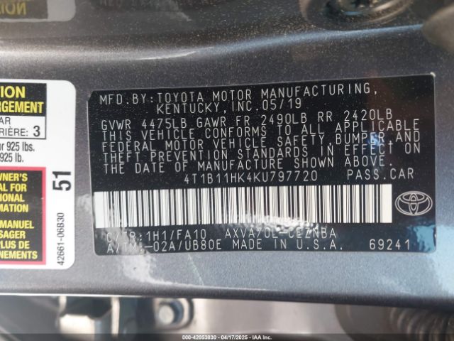 4T1B11HK4KU797720 Toyota CAMRY LE