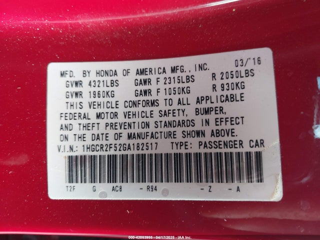 1HGCR2F52GA182517 Honda Accord Sport