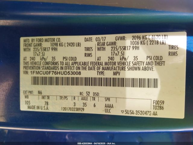 1FMCU0F76HUD53008 Ford ESCAPE S