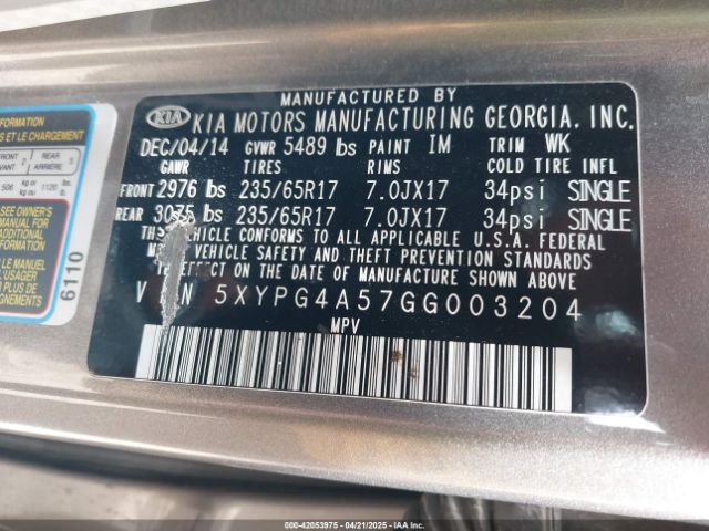 5XYPG4A57GG003204 KIA Sorento 3.3l Lx
