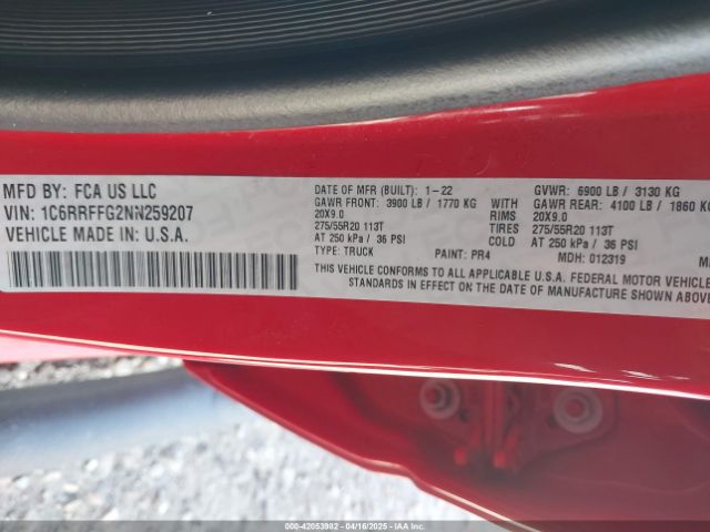 1C6RRFFG2NN259207 RAM 1500 Big Horn  4x4 5'7 Box