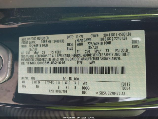 1FMCU9H65MUB21616 Ford ESCAPE SEL