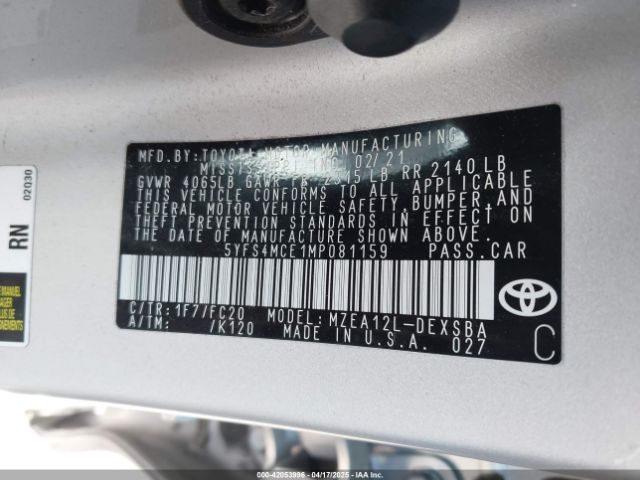 5YFS4MCE1MP081159 Toyota Corolla Se Nightshade Edition