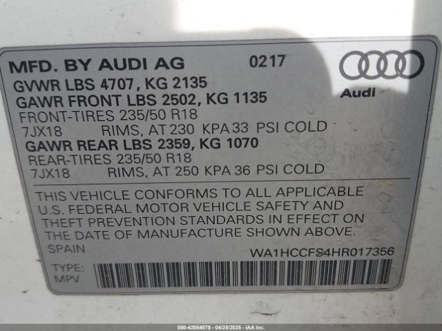 WA1HCCFS4HR017356 Audi Q3 2.0t Premium