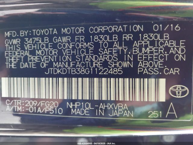 JTDKDTB38G1122485 Toyota Prius C Two