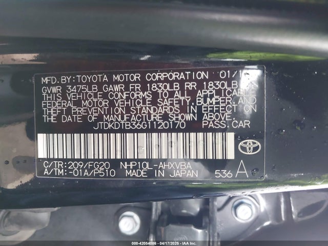 JTDKDTB36G1120170 Toyota Prius C Two