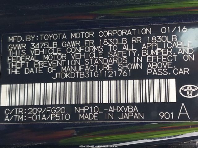 JTDKDTB31G1121761 Toyota Prius C Two