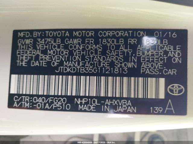 JTDKDTB35G1121813 Toyota Prius C Two