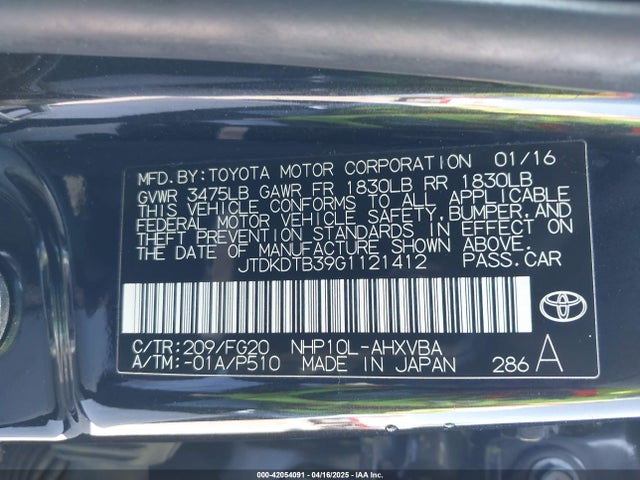 JTDKDTB39G1121412 Toyota Prius C Two